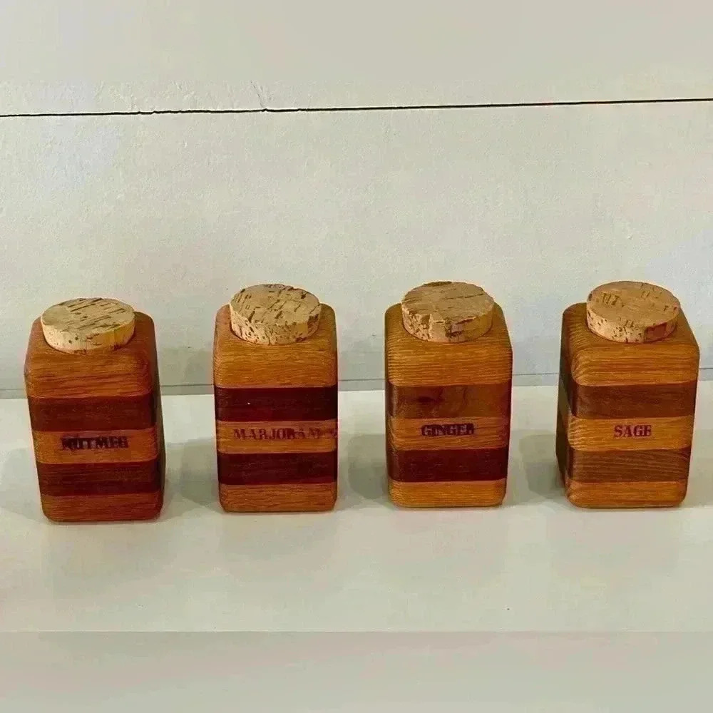 Knock on Wood Ithaca NY set of 4 vintage wooden spice containers 1979